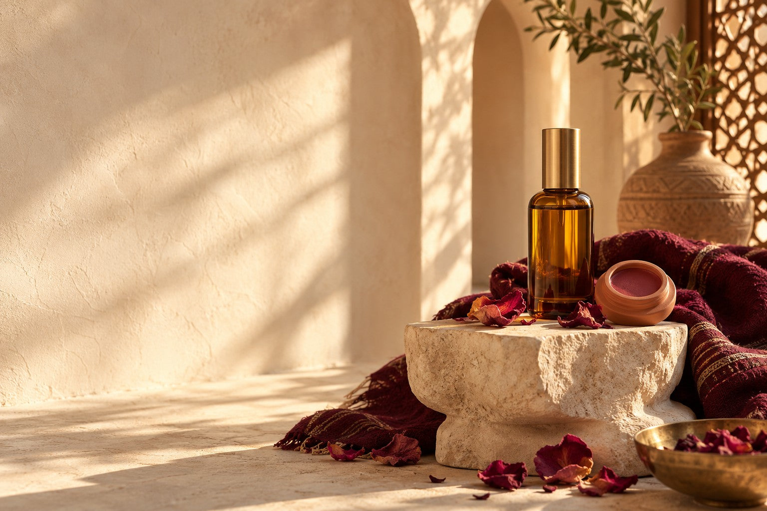 Illustrative cosmetics still life with amber glass, rose petals and terracotta